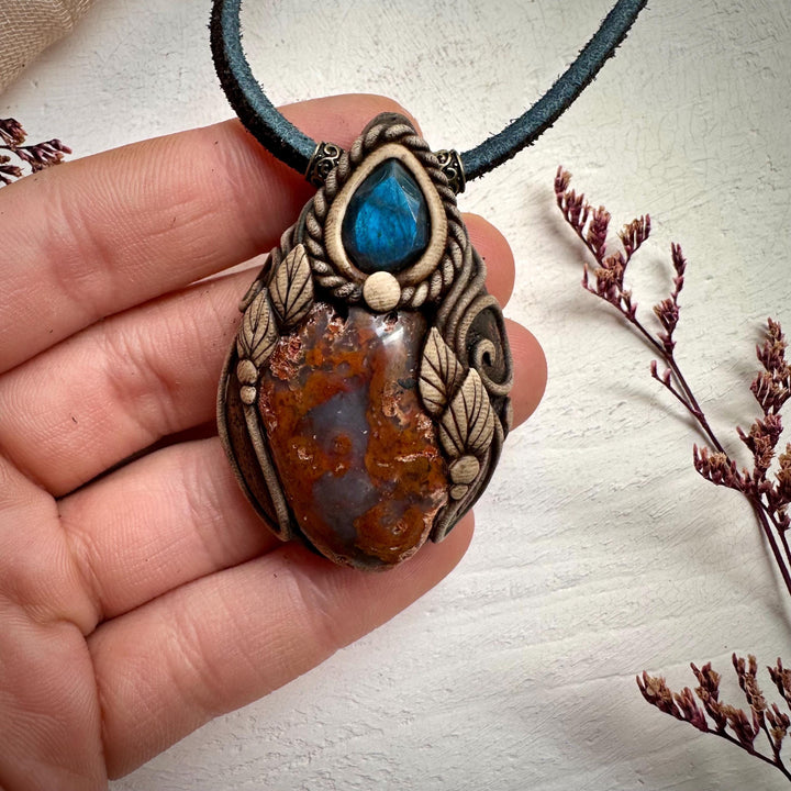 Petrified Wood and Labradorite Pendant Necklace - FairyGardenGlow