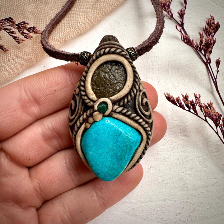 Atacama Opal Moldavite and Emerald Necklace - FairyGardenGlow