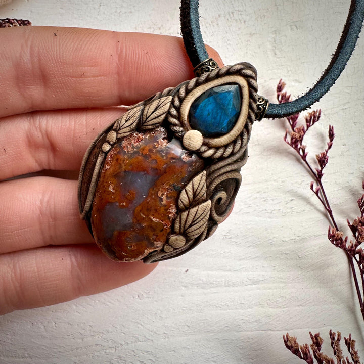 Petrified Wood and Labradorite Pendant Necklace - FairyGardenGlow