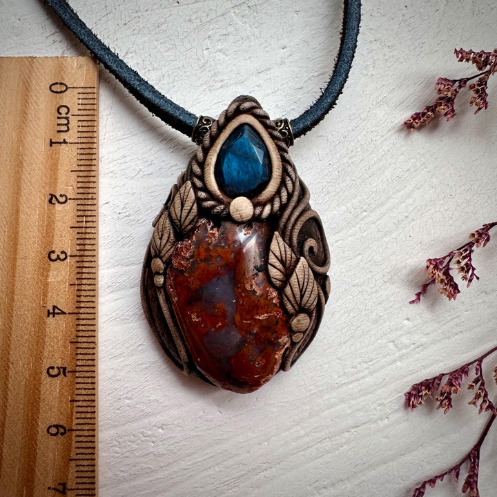 Petrified Wood and Labradorite Pendant Necklace - FairyGardenGlow