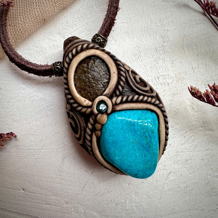 Atacama Opal Moldavite and Emerald Necklace - FairyGardenGlow