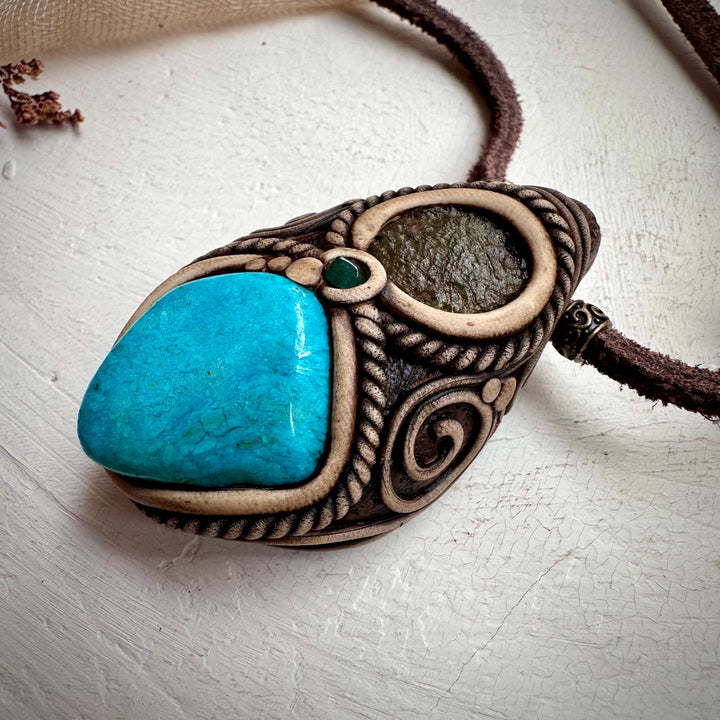 Atacama Opal Moldavite and Emerald Necklace - FairyGardenGlow