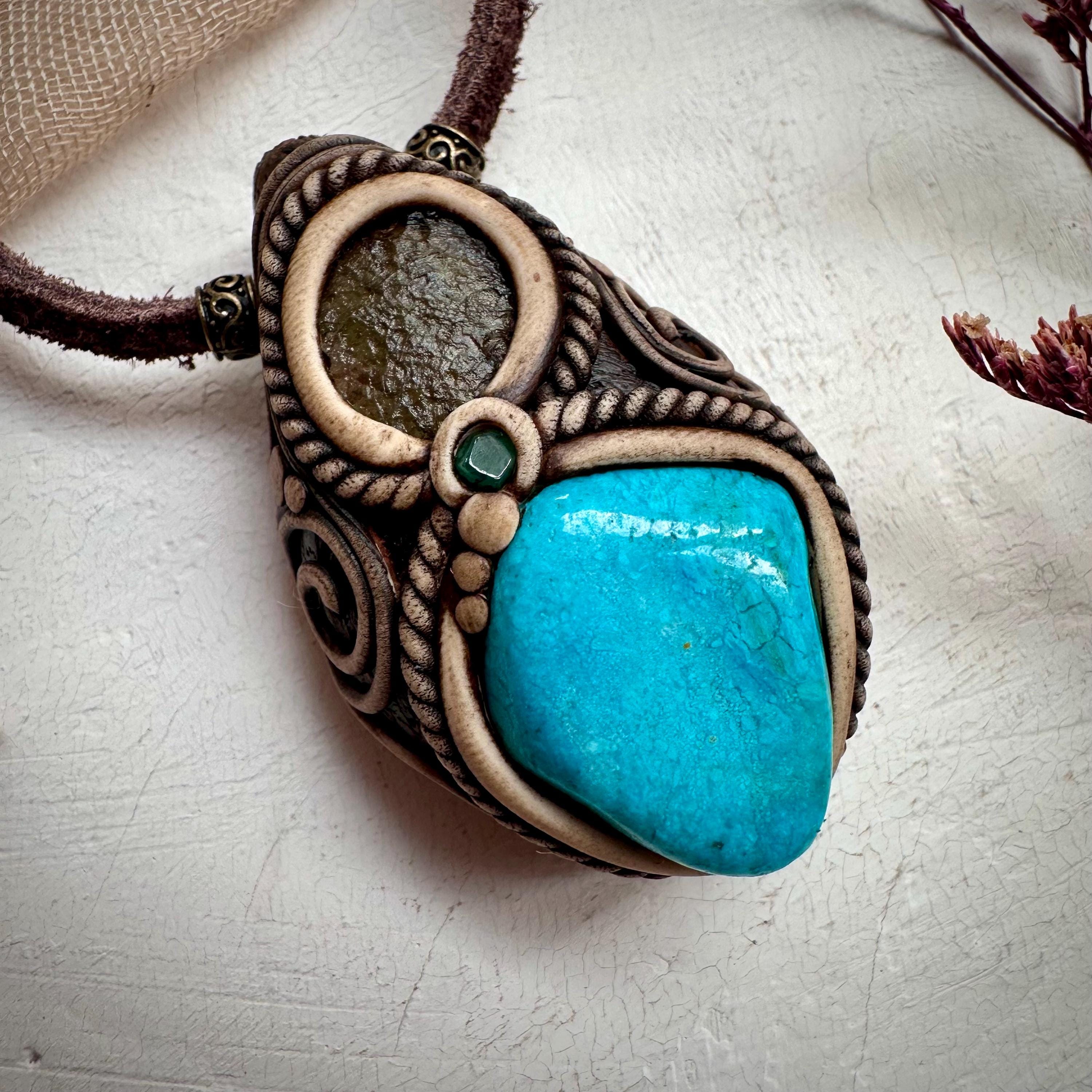 Atacama Opal Moldavite and Emerald Necklace - FairyGardenGlow