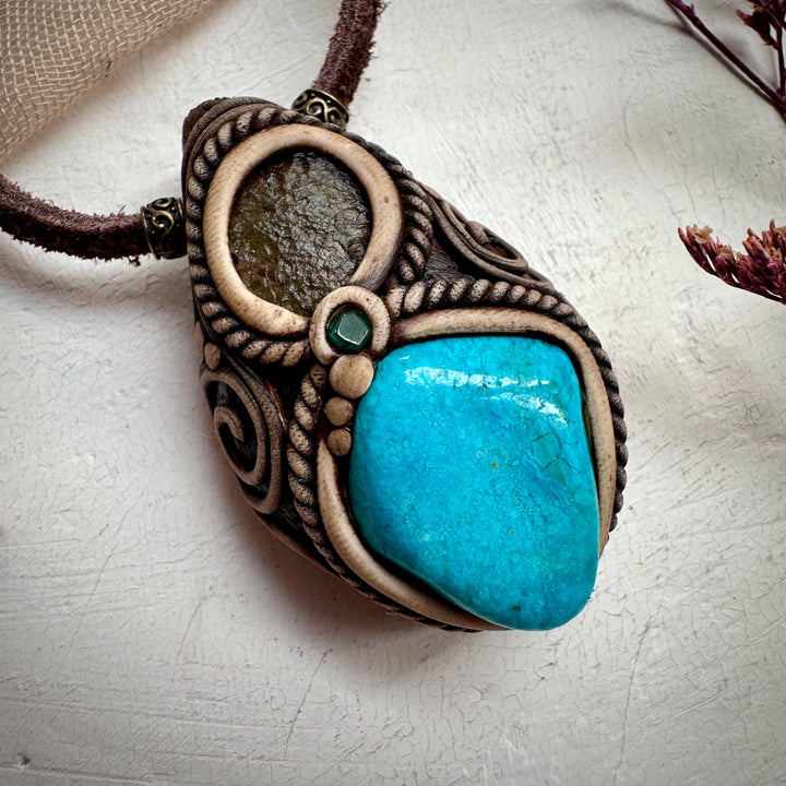Atacama Opal Moldavite and Emerald Necklace - FairyGardenGlow
