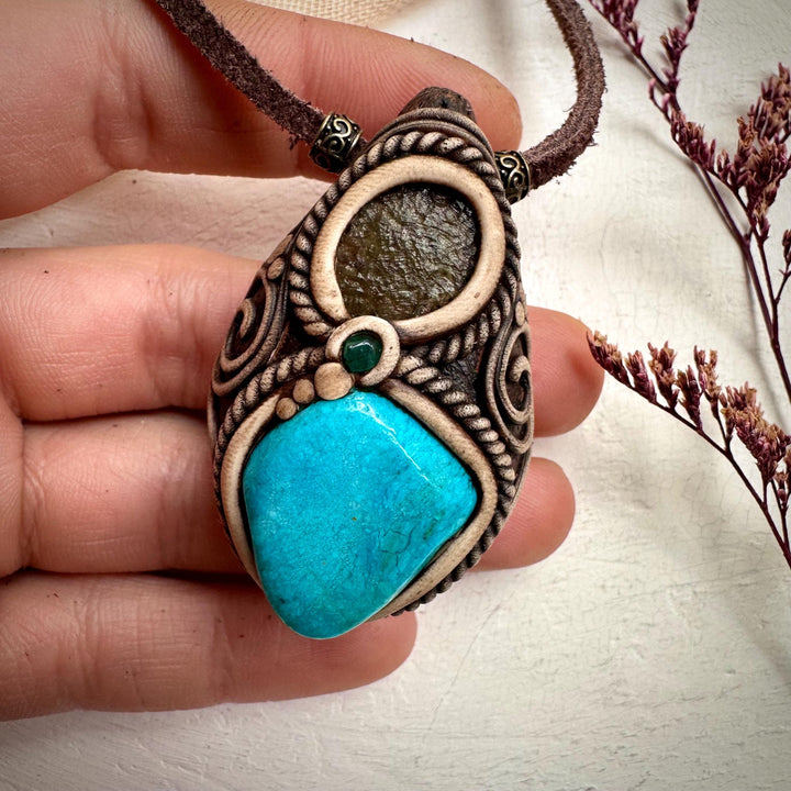 Atacama Opal Moldavite and Emerald Necklace - FairyGardenGlow