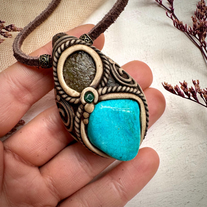 Atacama Opal Moldavite and Emerald Necklace - FairyGardenGlow