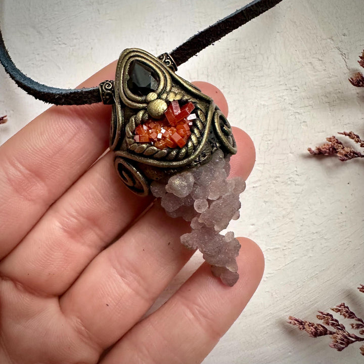 Grape Chalcedony Vanadinite and Smoky Quartz Pendant Necklace - FairyGardenGlow