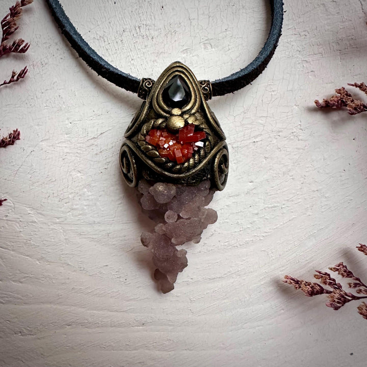 Grape Chalcedony Vanadinite and Smoky Quartz Pendant Necklace - FairyGardenGlow