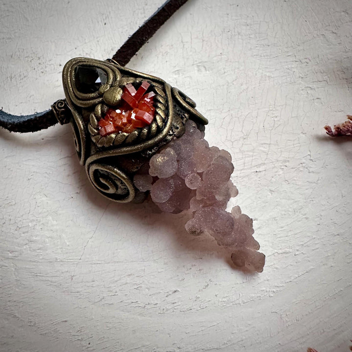 Grape Chalcedony Vanadinite and Smoky Quartz Pendant Necklace - FairyGardenGlow