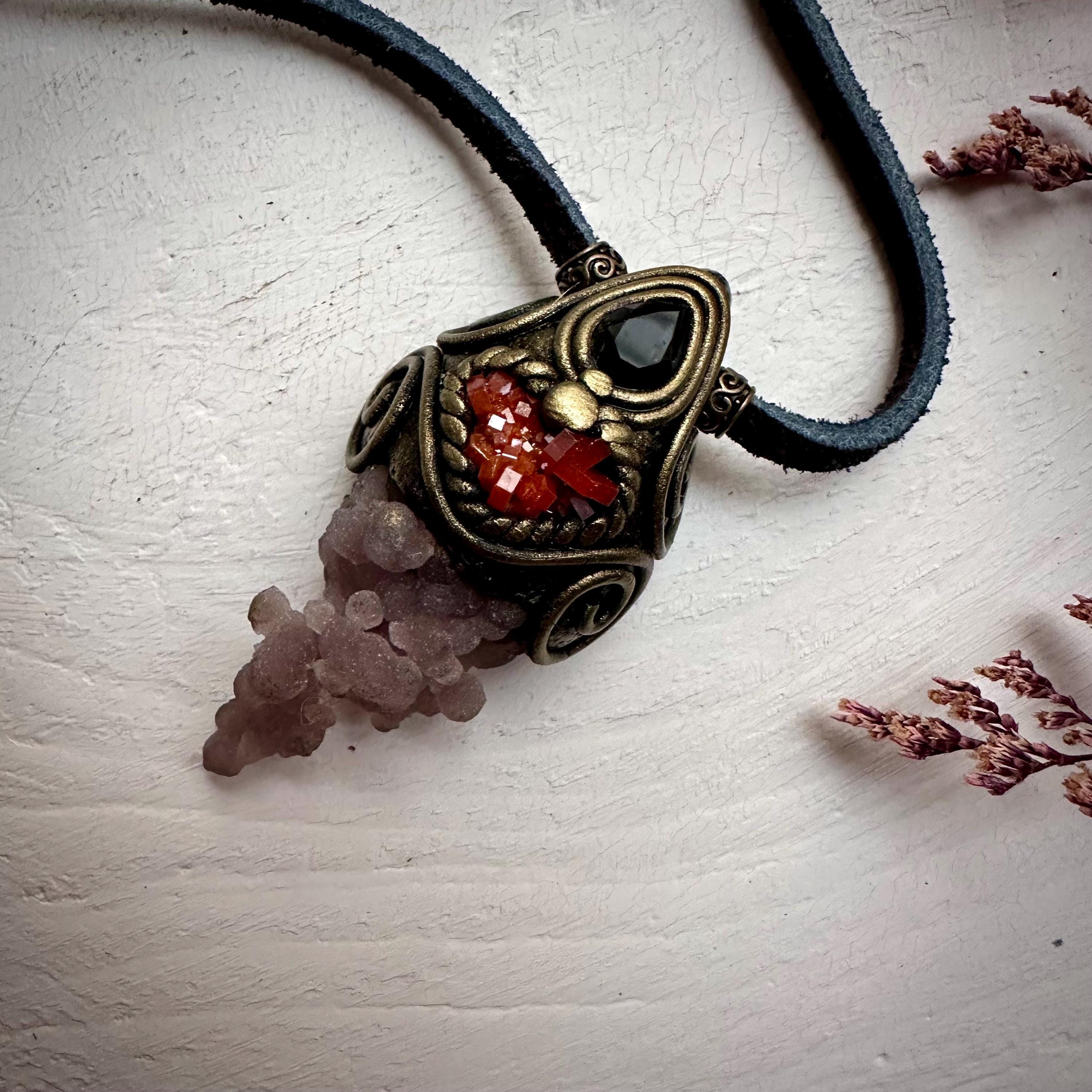 Grape Chalcedony Vanadinite and Smoky Quartz Pendant Necklace - FairyGardenGlow