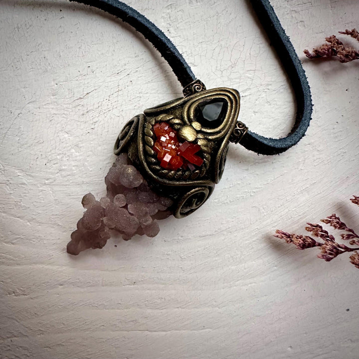 Grape Chalcedony Vanadinite and Smoky Quartz Pendant Necklace - FairyGardenGlow