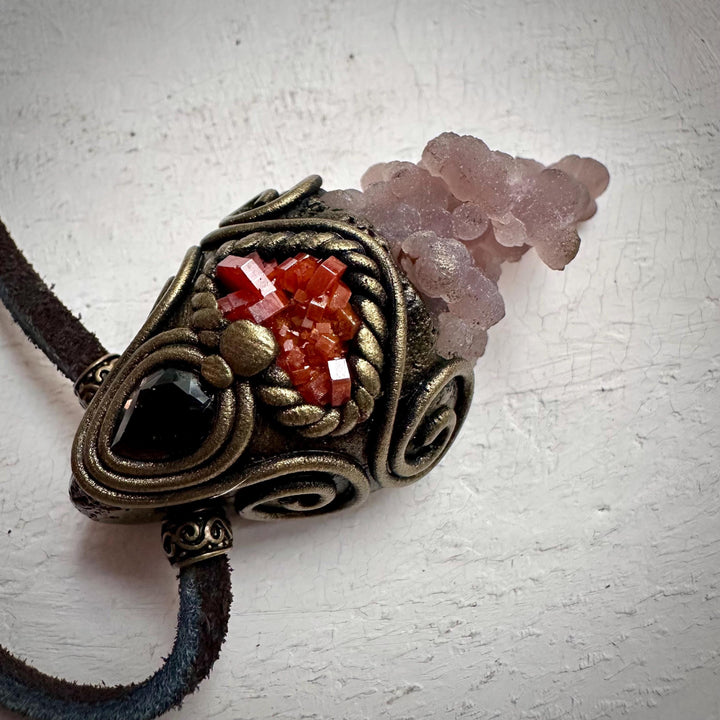 Grape Chalcedony Vanadinite and Smoky Quartz Pendant Necklace - FairyGardenGlow