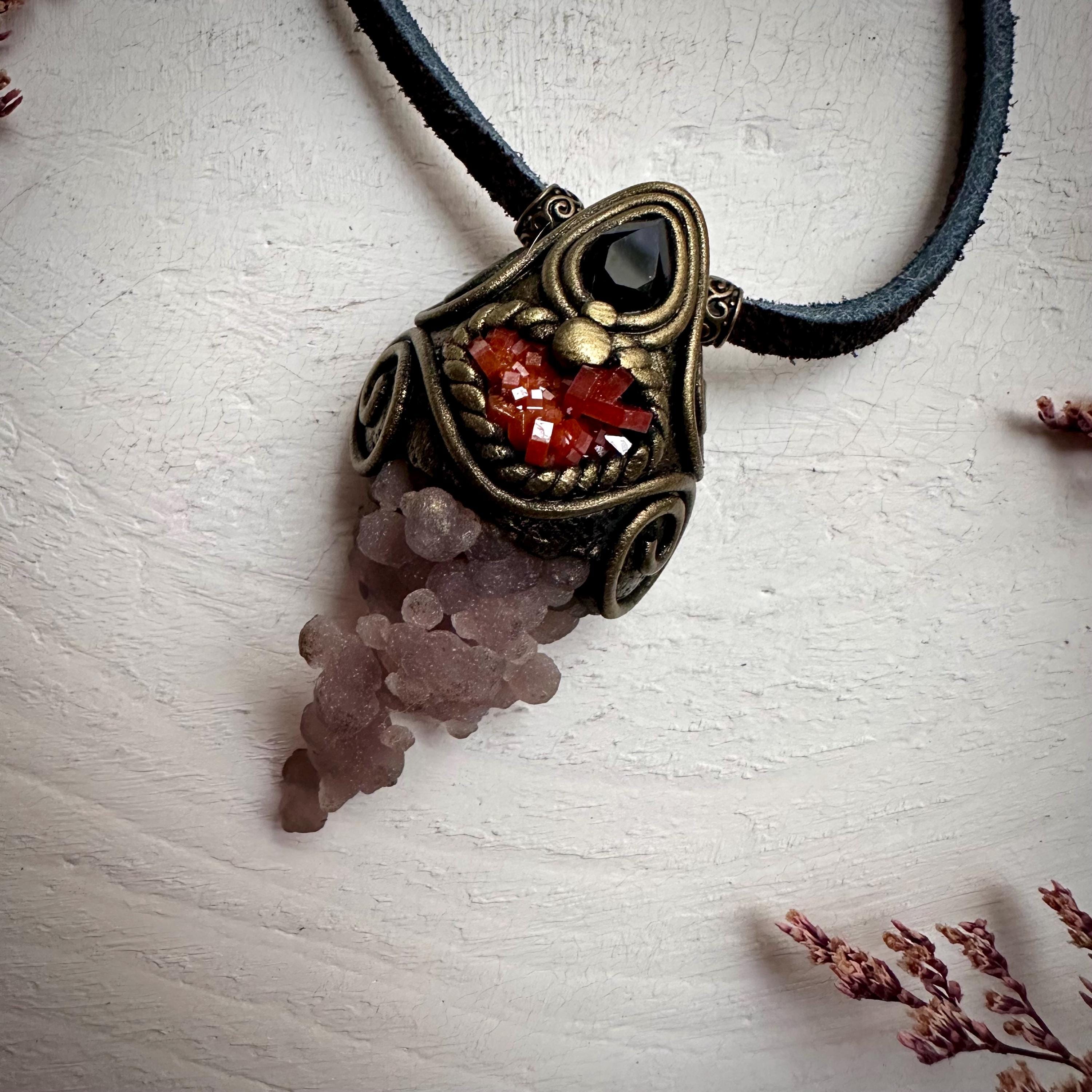 Grape Chalcedony Vanadinite and Smoky Quartz Pendant Necklace - FairyGardenGlow