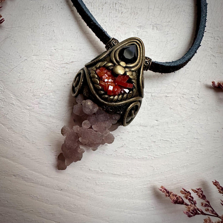 Grape Chalcedony Vanadinite and Smoky Quartz Pendant Necklace - FairyGardenGlow