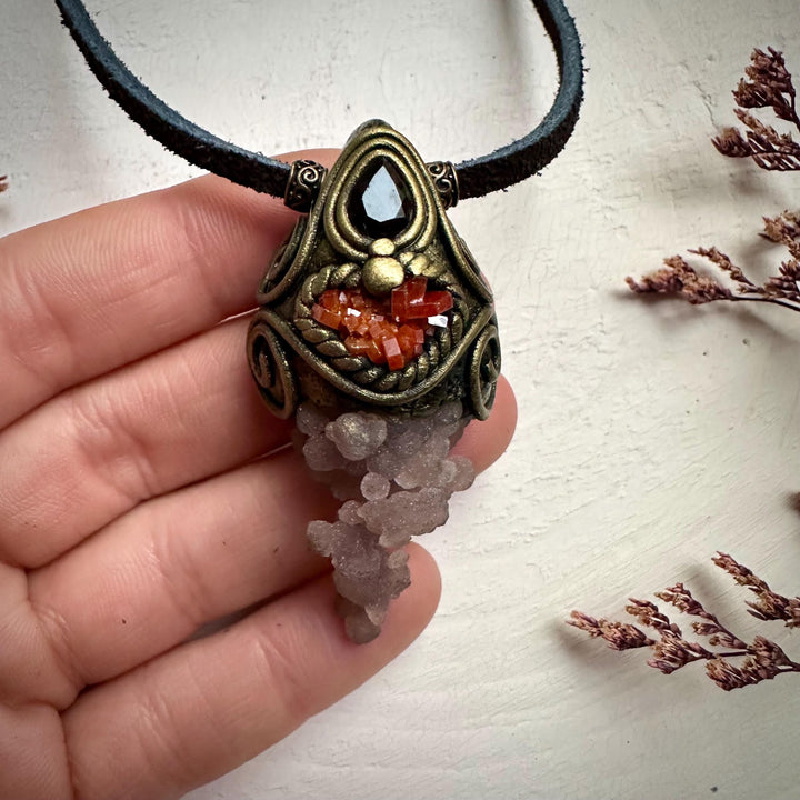 Grape Chalcedony Vanadinite and Smoky Quartz Pendant Necklace - FairyGardenGlow