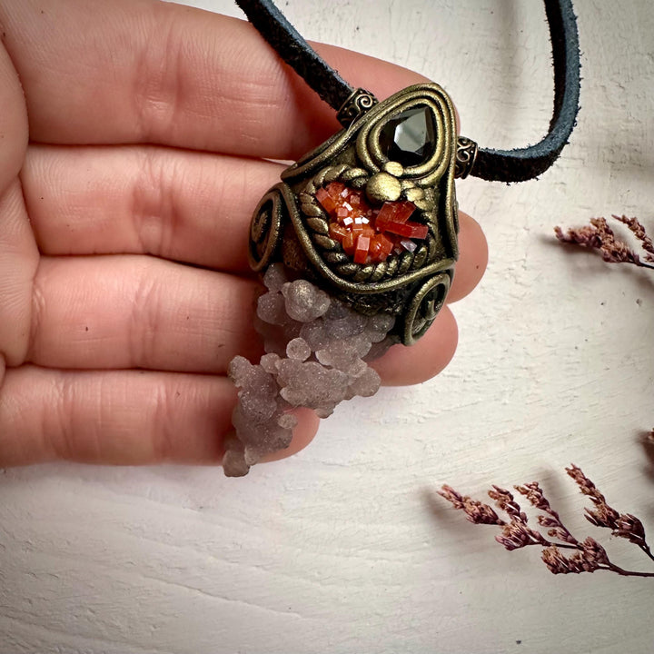Grape Chalcedony Vanadinite and Smoky Quartz Pendant Necklace - FairyGardenGlow