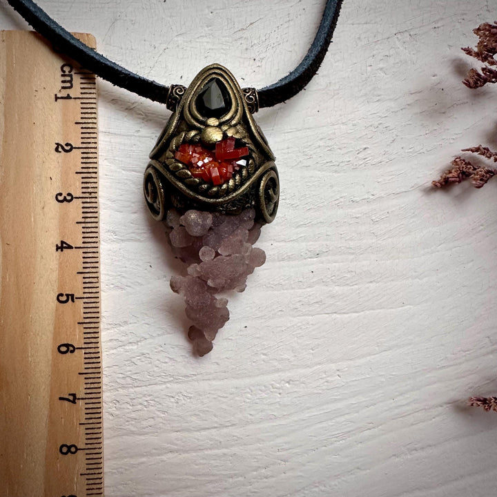 Grape Chalcedony Vanadinite and Smoky Quartz Pendant Necklace - FairyGardenGlow