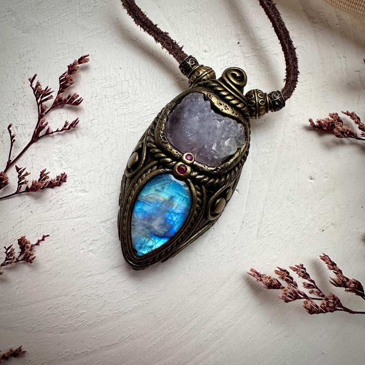 Crystallized Rose Quartz Rainbow Moonstone and Ruby Necklace - FairyGardenGlow