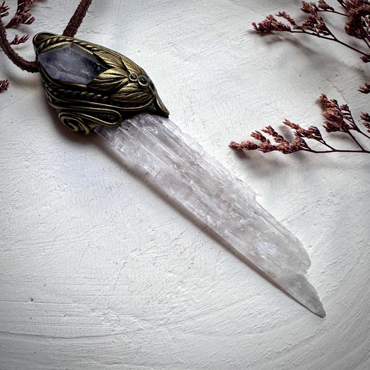 Long Kunzite Vera Cruz Amethyst and Blue Sapphire Pendant Necklace - FairyGardenGlow