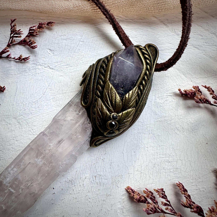 Long Kunzite Vera Cruz Amethyst and Blue Sapphire Pendant Necklace - FairyGardenGlow