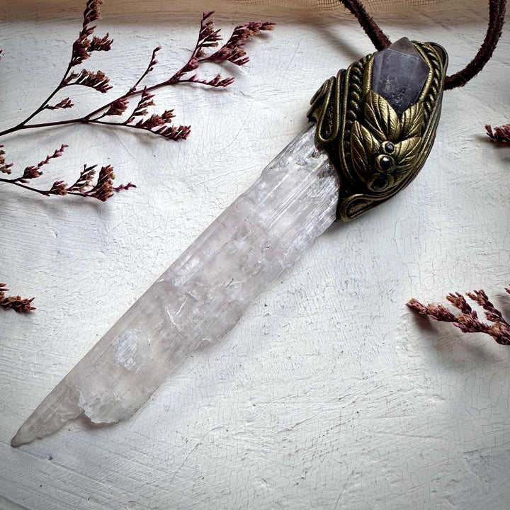 Long Kunzite Vera Cruz Amethyst and Blue Sapphire Pendant Necklace - FairyGardenGlow