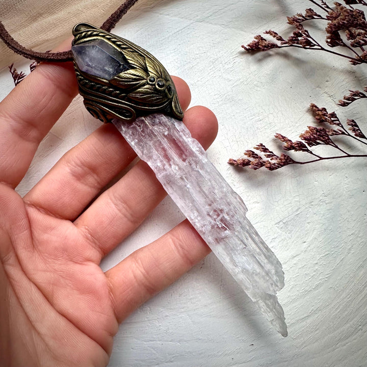 Long Kunzite Vera Cruz Amethyst and Blue Sapphire Pendant Necklace - FairyGardenGlow