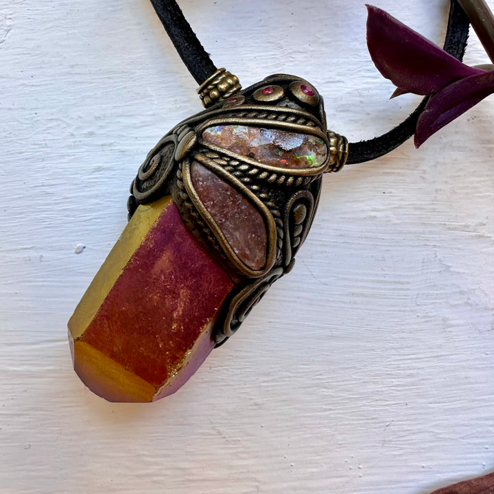 Sunset Aura Quartz Sunstone Boulder Opal and Ruby Wand / Necklace - FairyGardenGlow
