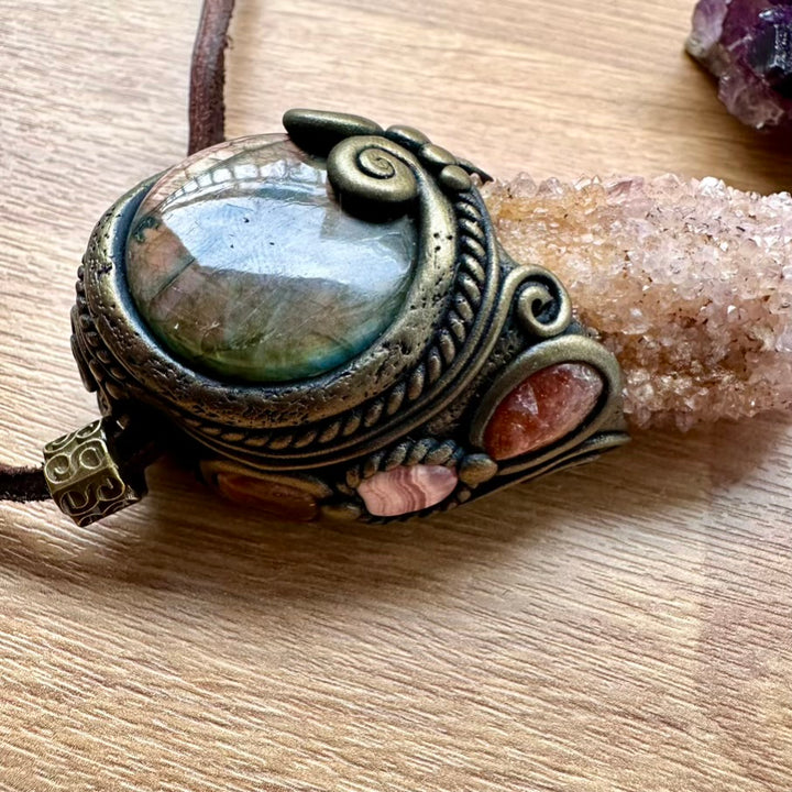 Spirit Quartz Purple Labradorite Sunstone and Rhodochrosite Healing Crystal Talisman / Handmade Crystal Wand-Pendant - FairyGardenGlow