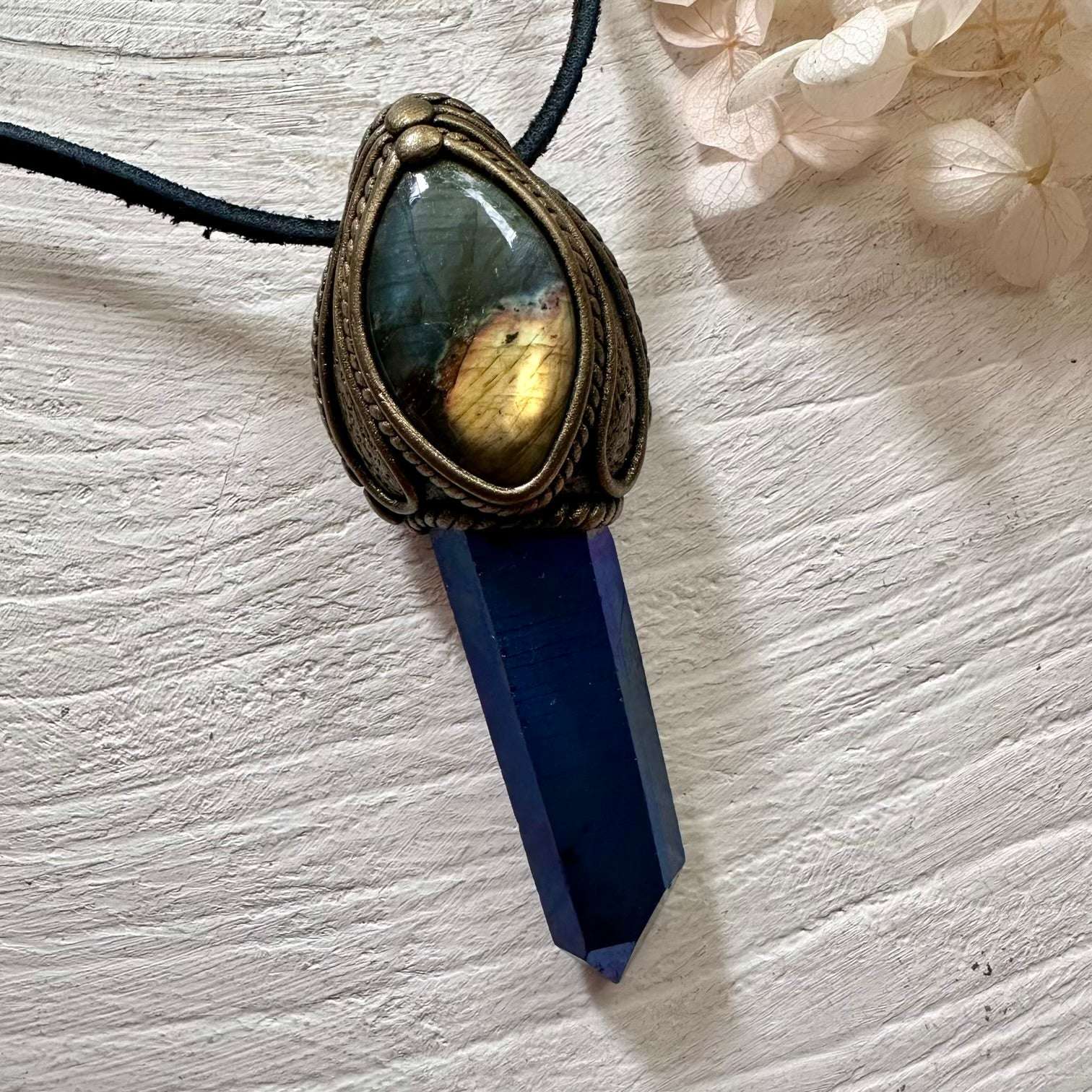 Cobalt Aura Quartz and Labradorite Necklace - FairyGardenGlow