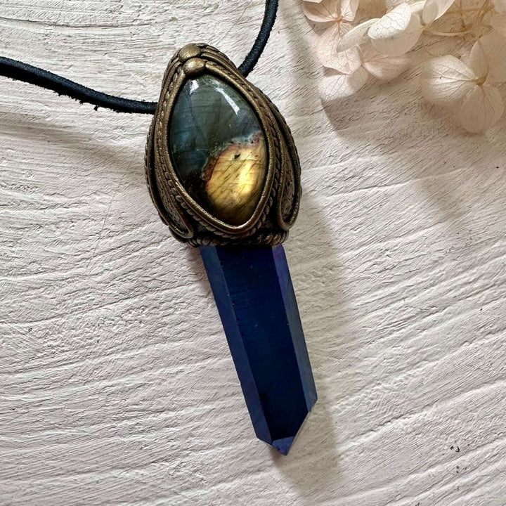 Cobalt Aura Quartz and Labradorite Necklace - FairyGardenGlow