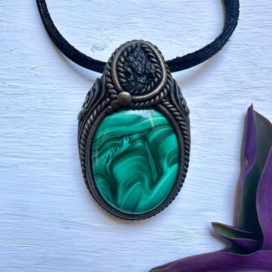 Malachite and Moldavite Necklace - FairyGardenGlow