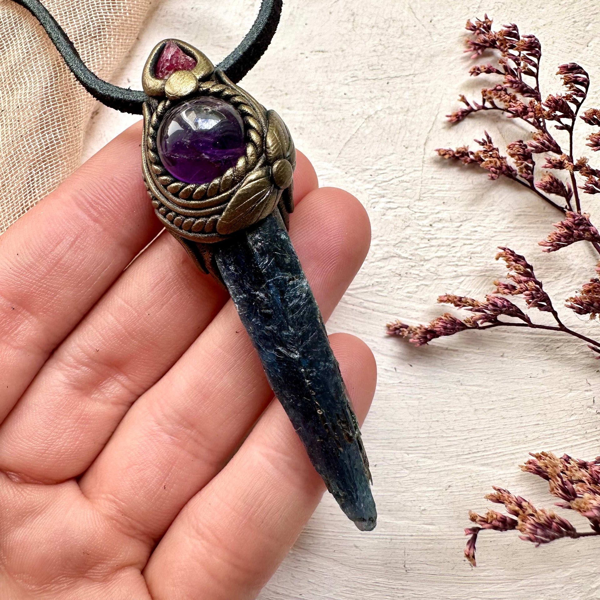 Blue Kyanite Amethyst and Raw Spinel Necklace - FairyGardenGlow