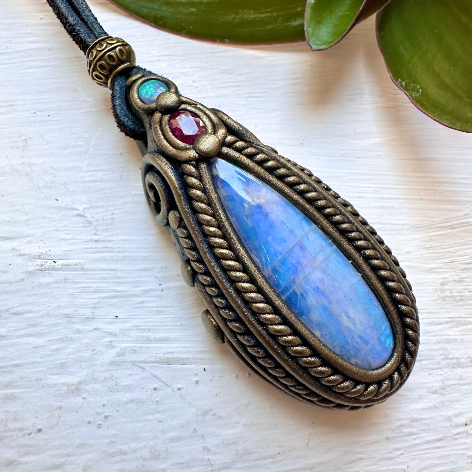 Rainbow Moonstone Ruby and Australian Opal Necklace - FairyGardenGlow