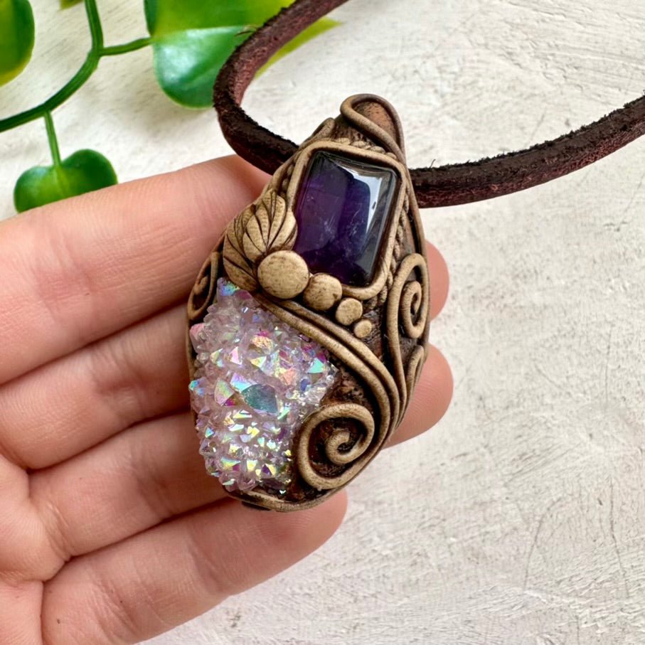 Angel Aura Spirit Quartz and Amethyst Necklace, Spiritual Jewelry - FairyGardenGlow