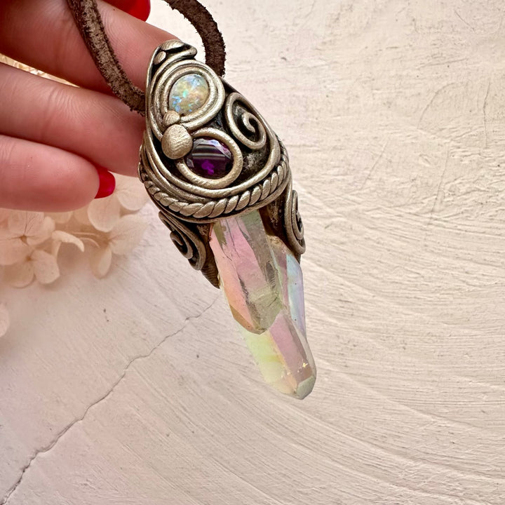 Angel Aura Quartz Cluster Amethyst and Australian Opal Necklace - FairyGardenGlow