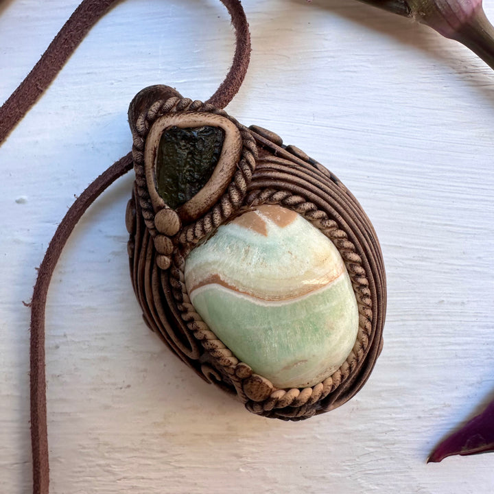 Caribbean Calcite and Moldavite Necklace - FairyGardenGlow