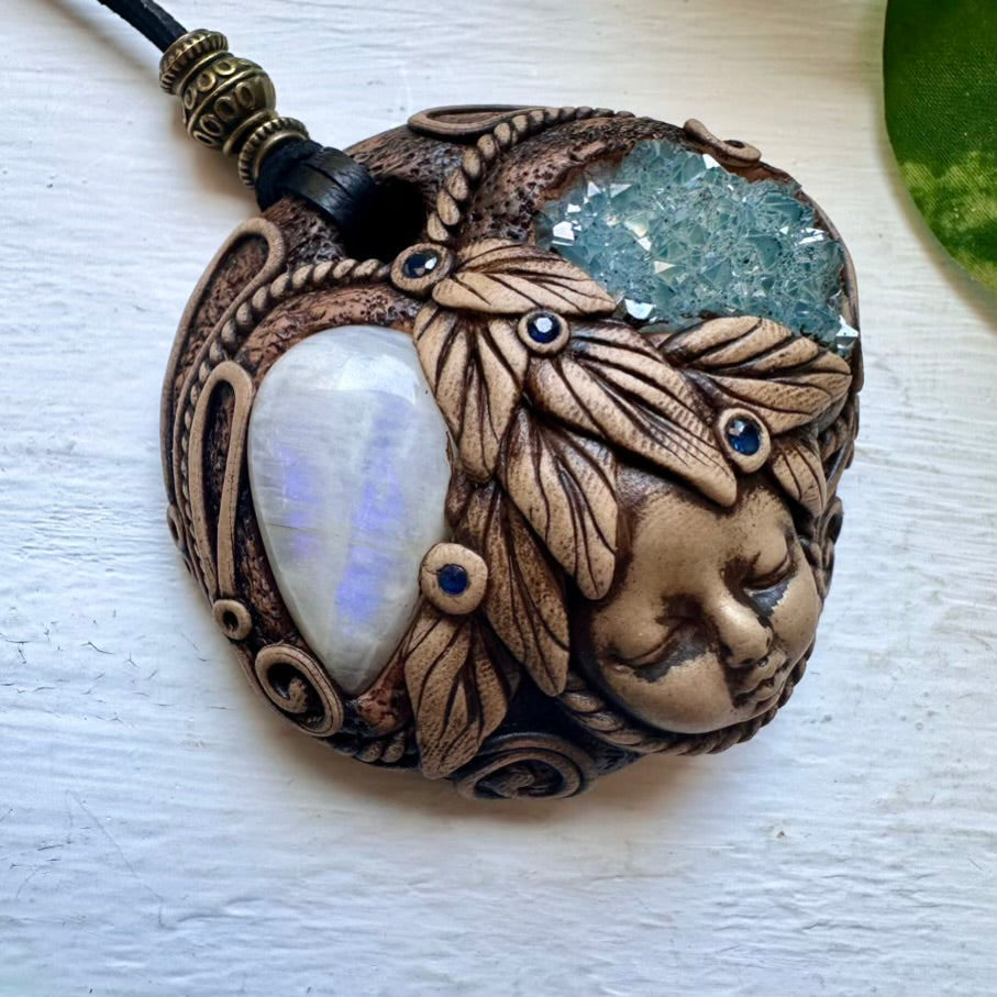 Handmade Goddess Crystal Necklace with Aqua Aura Quartz Moonstone and Blue Sapphire - FairyGardenGlow