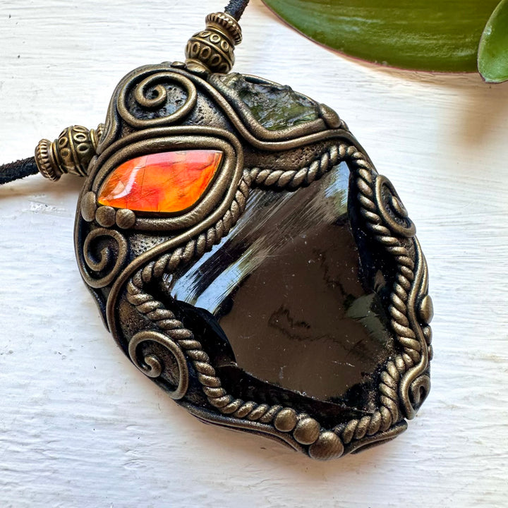 Black Obsidian Ammolite and Moldavite Necklace - FairyGardenGlow