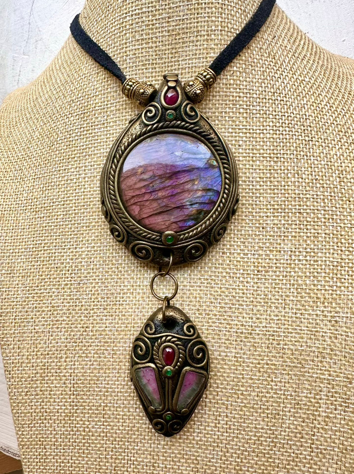Premium gemstone necklace highlighting Labradorite with Watermelon Tourmaline, Emerald and Garnet.