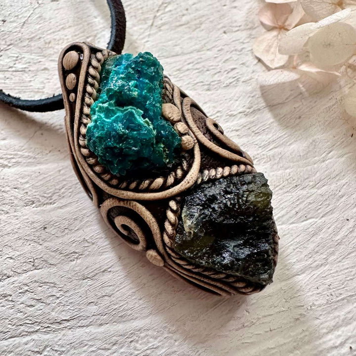 Raw Chrysocolla and Moldavite Pendant Necklace - FairyGardenGlow