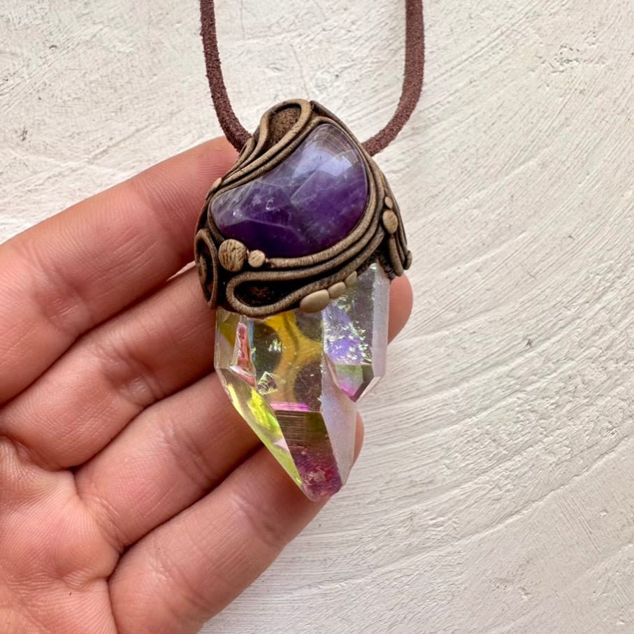 Angel Aura Quartz and Amethyst Moon Necklace, Handmade Crystal Jewelry FairyGardenGlow