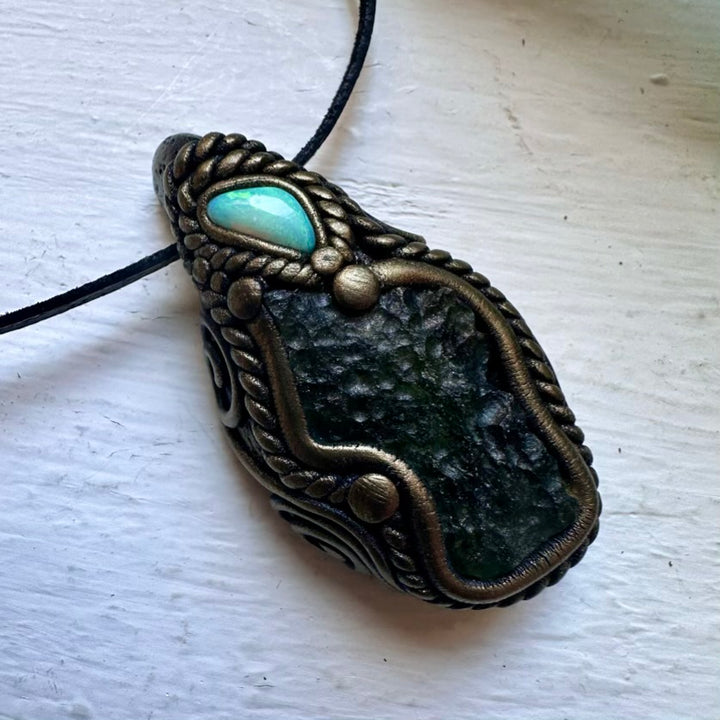 Moldavite and Australian Opal Necklace - FairyGardenGlow