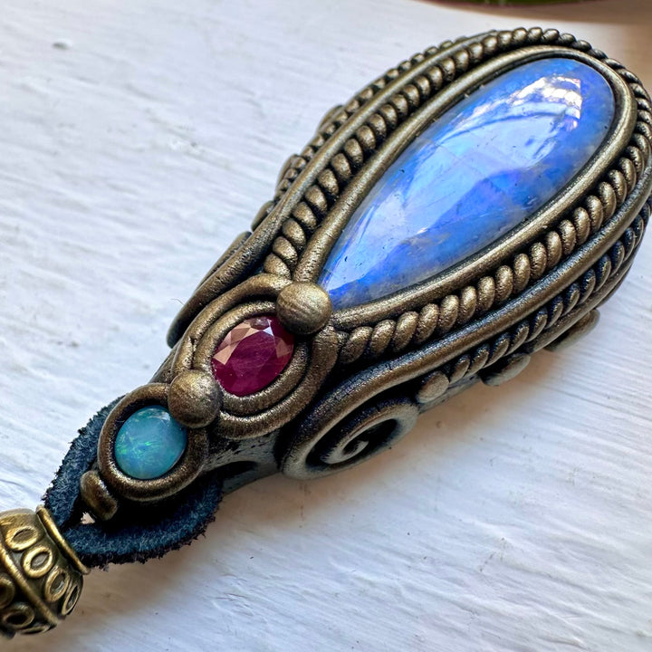 Rainbow Moonstone Ruby and Australian Opal Necklace - FairyGardenGlow