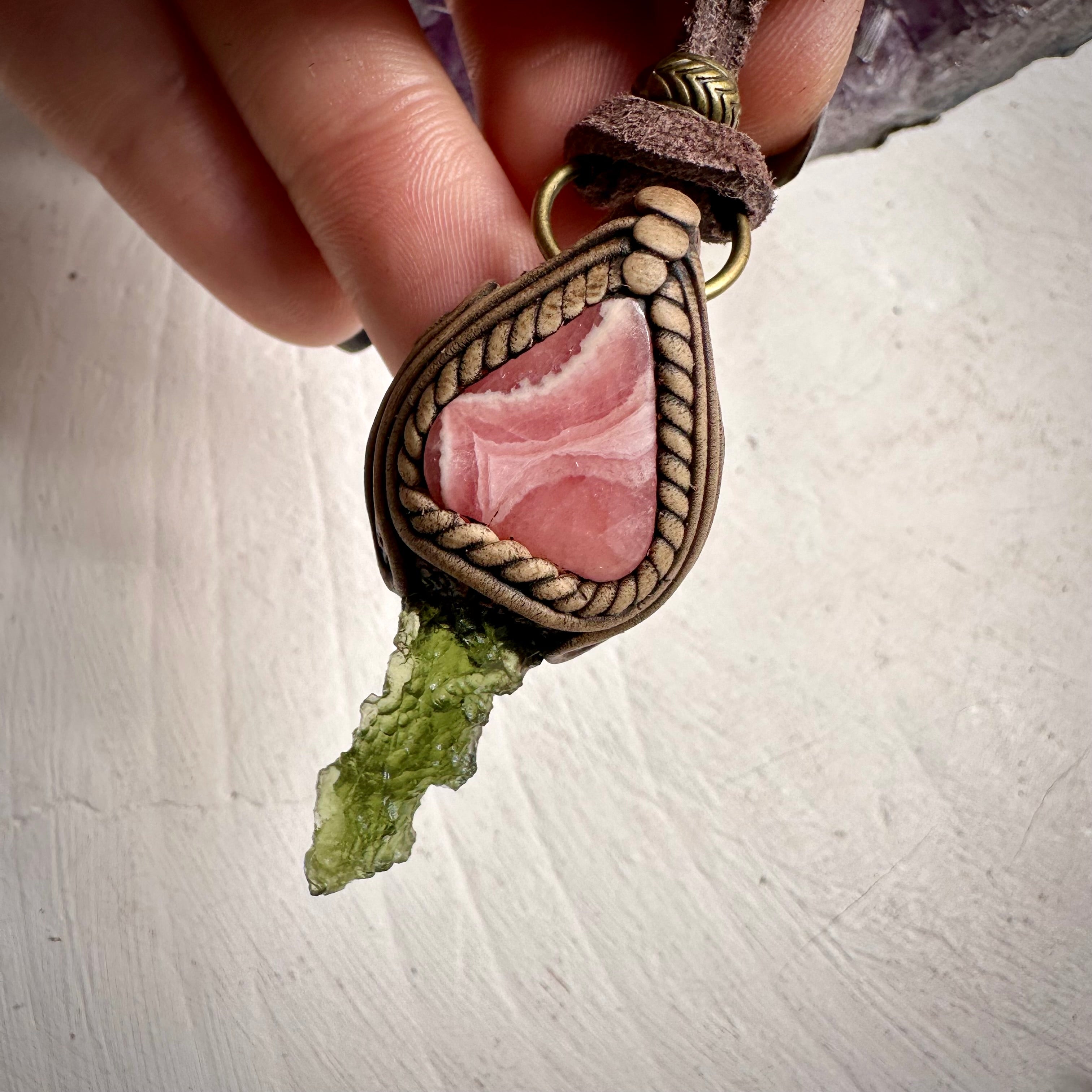 Moldavite and Rhodochrosite Necklace - FairyGardenGlow