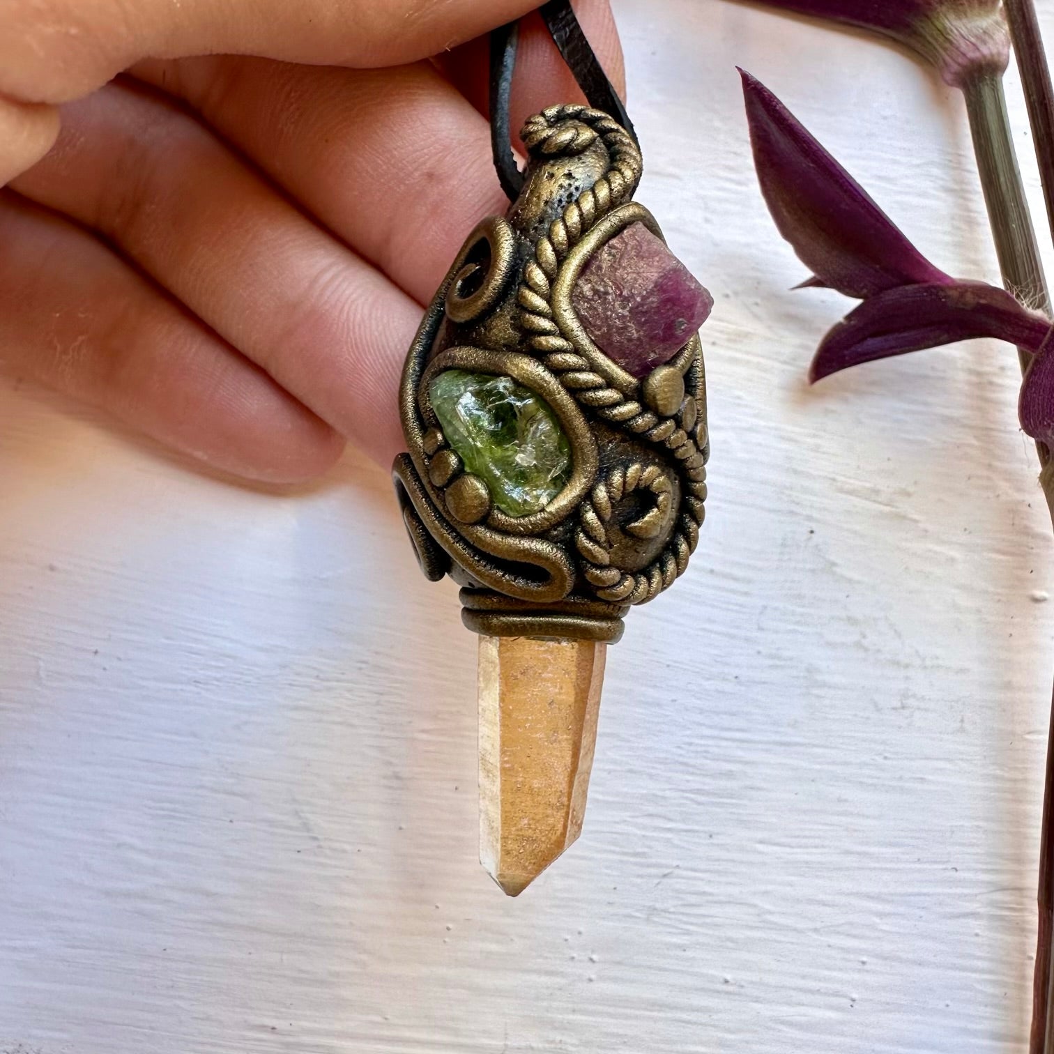 Tangerine Aura Quartz Peridot and Ruby Necklace - FairyGardenGlow