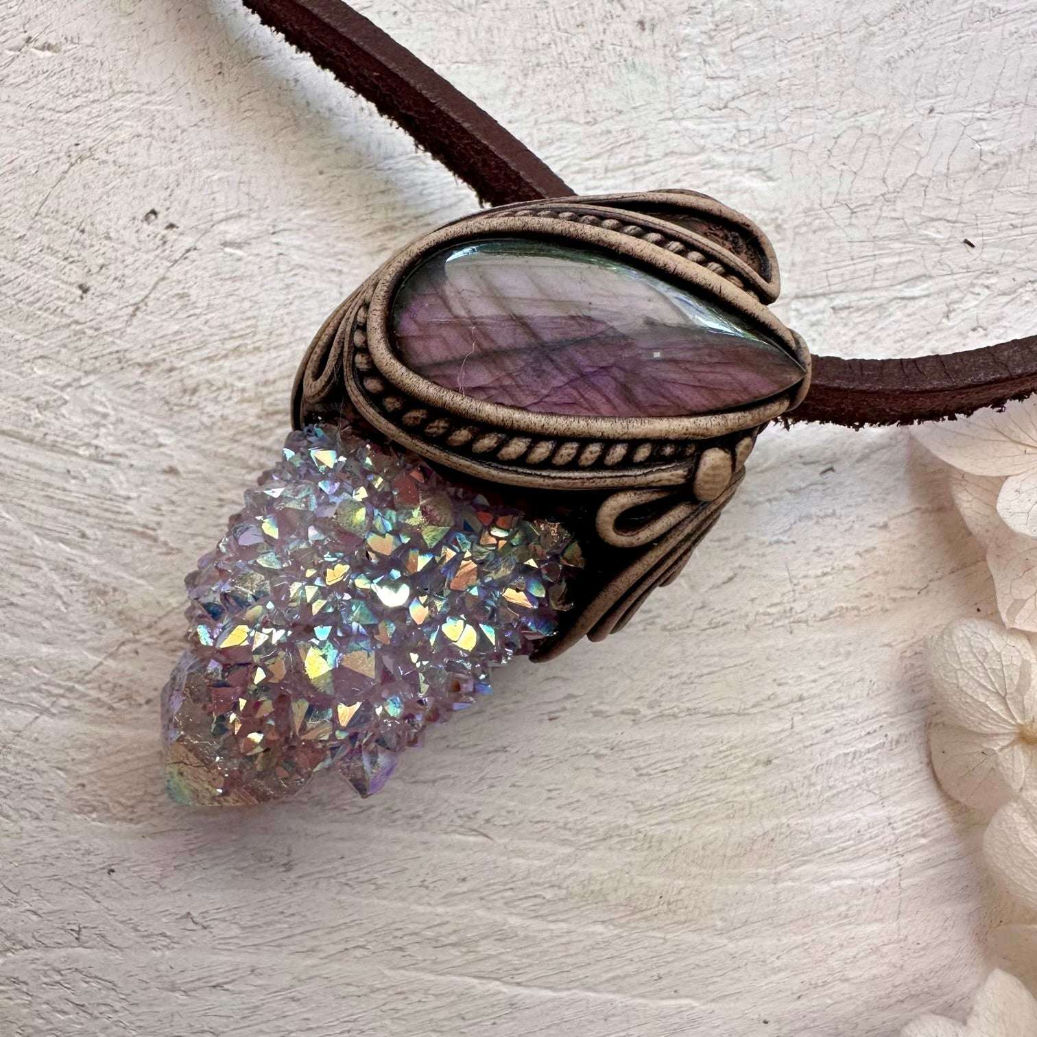 Angel Aura Spirit Quartz and Pink Labradorite Necklace - FairyGardenGlow