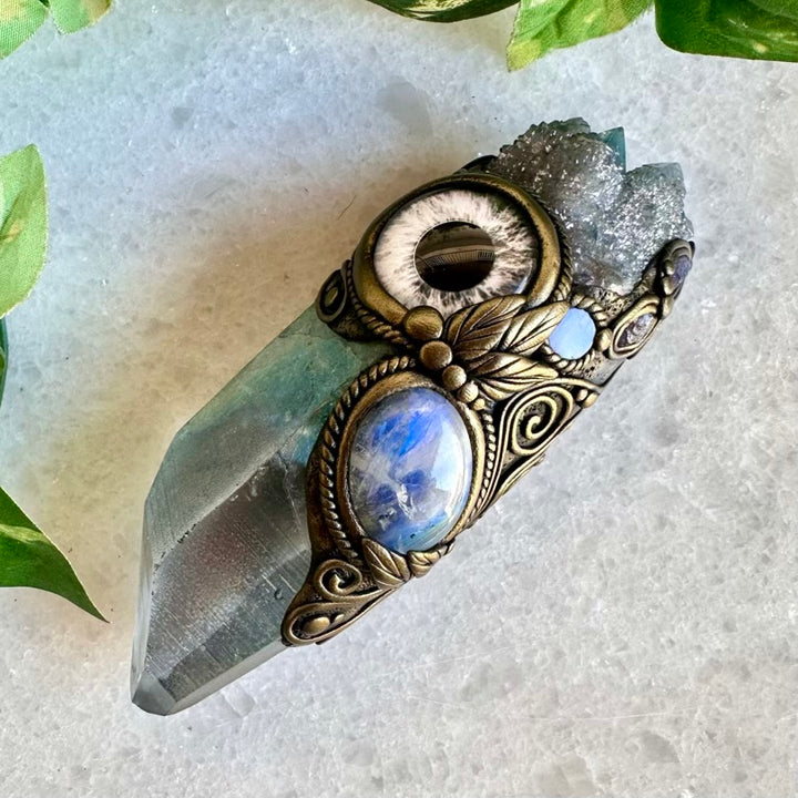 Aqua Aura Quartz Rainbow Moonstone Aqua Aura Spirit Quartz Australian Opal and Tanzanite Third Eye Healing Crystal Wand - FairyGardenGlow