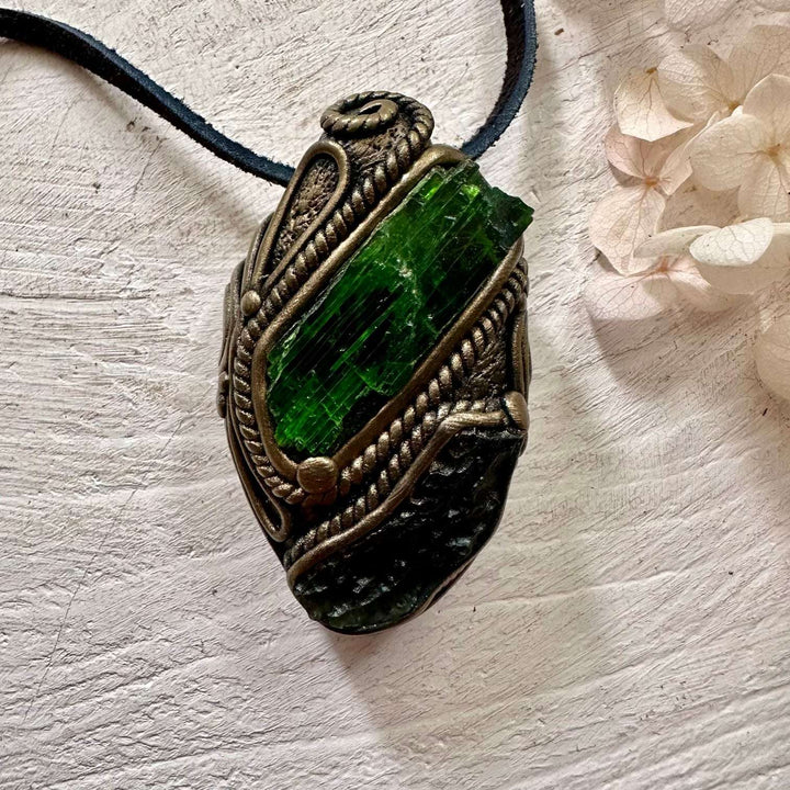 Chrome Diopside and Moldavite Necklace - FairyGardenGlow