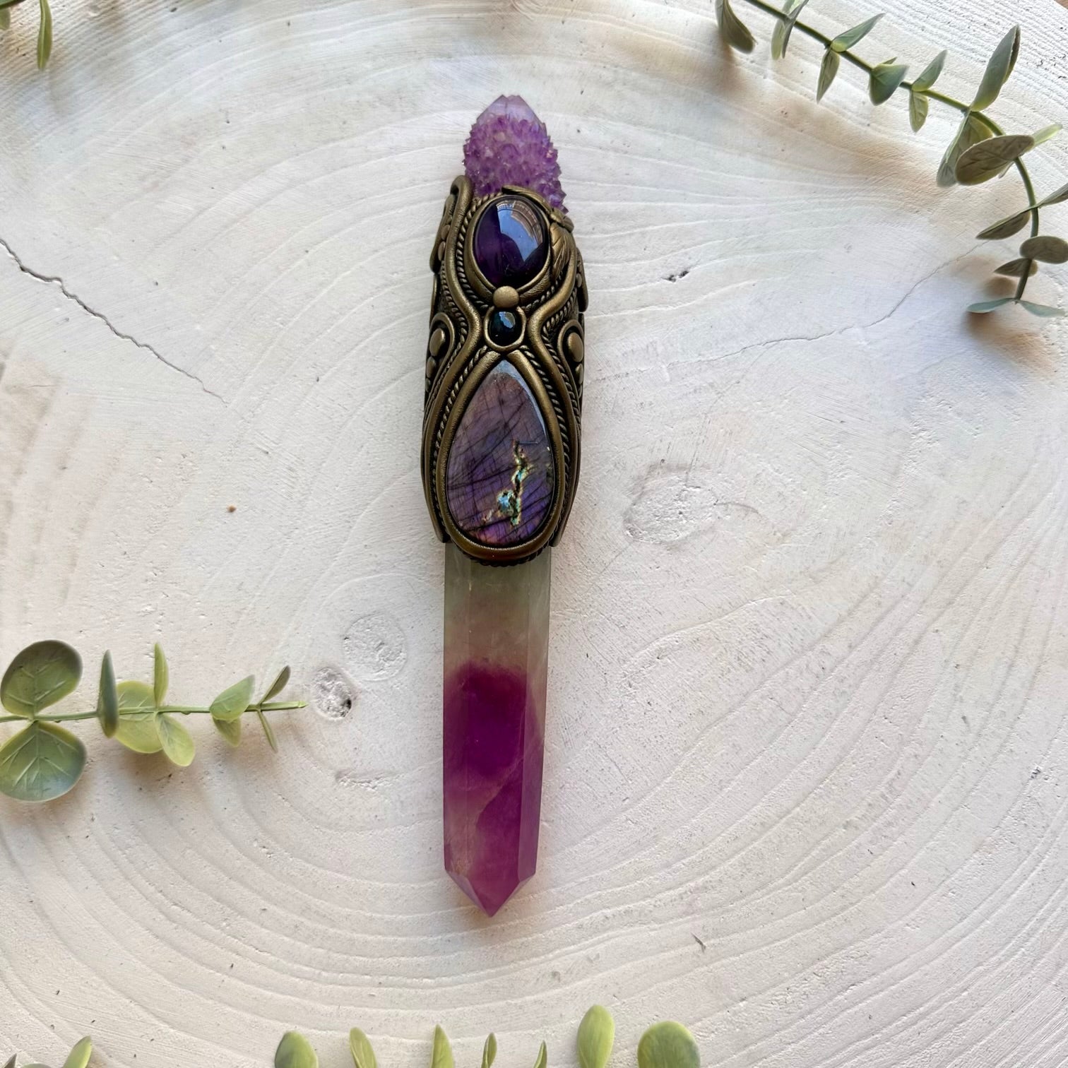 Healing Crystal Wand with Rainbow Fluorite, Deep Purple Spirit Quartz, Purple Labradorite, Amethyst and Black Ethiopian Opal