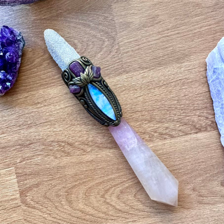Lavender Fluorite Wand, Rainbow Moonstone, Ruby and Angel Aura Spirit Quartz Crystal Wand - FairyGardenGlow